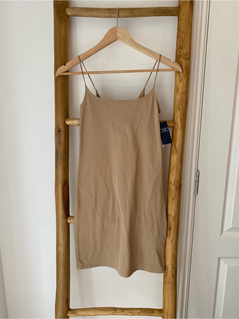Abercrombie & Fitch Ribbed Bodycon Beige Slip Dress Thin Straps Sz Small NWT